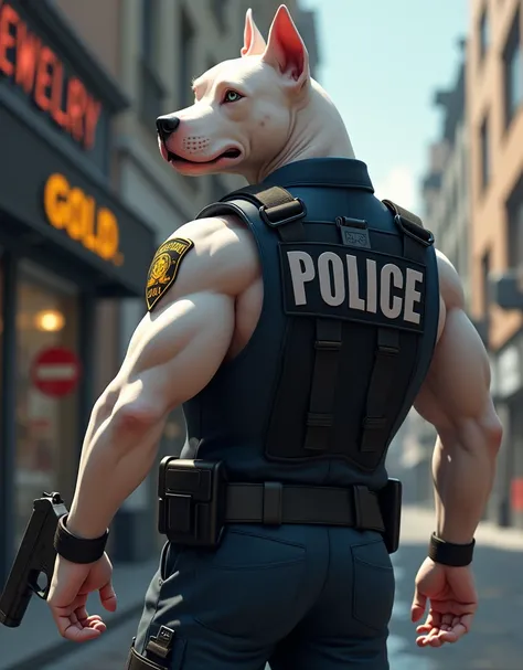  Male headed white pit bull,erect ears,slightly muscular body,wearing a police vest,police id card hanger ,,hand holding pitol ,walk,facing back, in the background there is a building that says  "Jewelry gold",upright letters,realistic image,HD quality,bac...