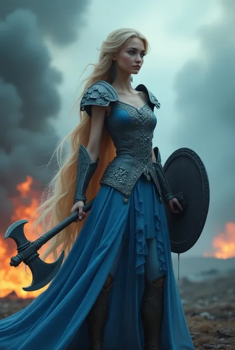 a beautiful  rapunzel disney 3D animation princess, intricate fantasy armor, blue aura, holding axe and shield, outdoor setting, gripping chaos, burning, cinematic, illusion, visual effects, detailed, photorealistic, 8k, dramatic lighting, epic fantasy, da...