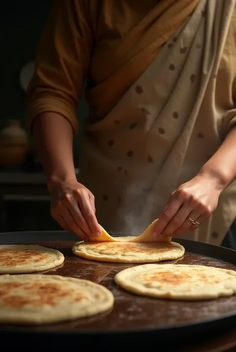 Mom making Soft and patli chapati tave par golden brown colour hoti hui in the kitchen 