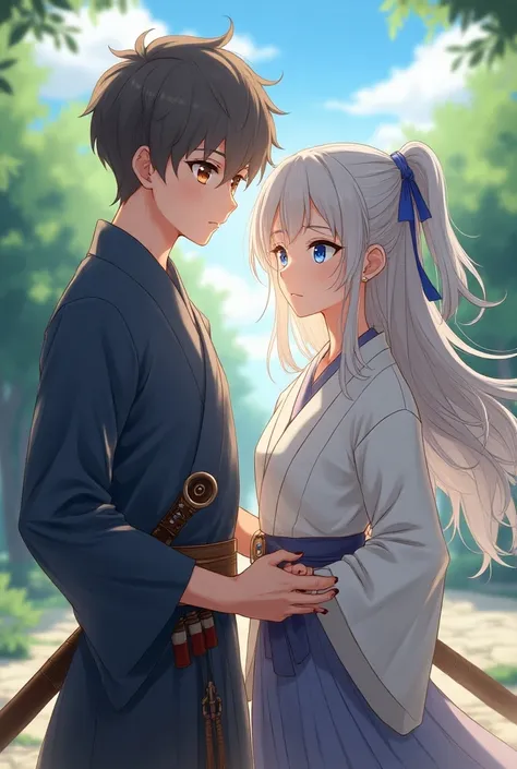  Boy with brown skin dark brown eyes short black hair with gray tones is calm kind something fun tall he measures 1 .82 meters and next to him a girl with fair skin blue eyes long silver hair of medium height measures 1 .68 meters is Tsundere, both student...