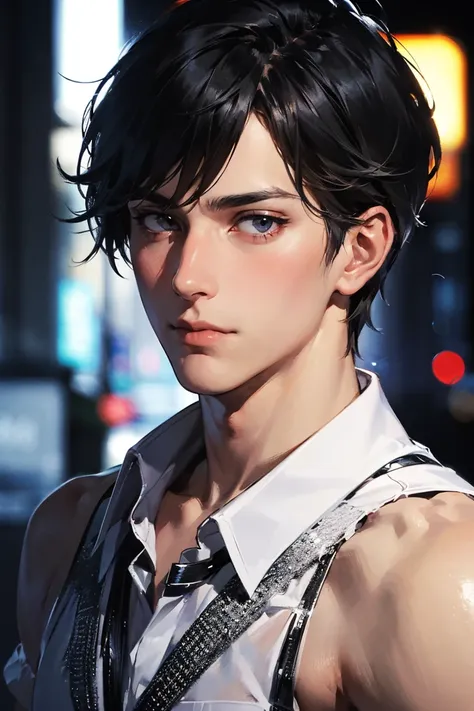 Strong Blush cheeck, very shy, Handsome nerd male, 1male,Man in clothes,nerd,nerd boy,Strong shoulder width, human, simple black hairstyle, gentleman style,A man in his 30s with shy expression, night city background, (masterpiece:1.21),(bestquality:1.21),8...