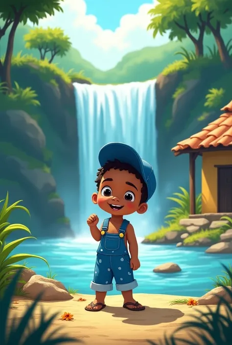 Cachoeira cartoon with standard Brazilian house with 1 simple room next to the bottom. With a black boy wearing blue gardeners clothing with white polka dot details and just a suspender crossed over his shoulder and shirtless underneath and a blue cap,  pl...