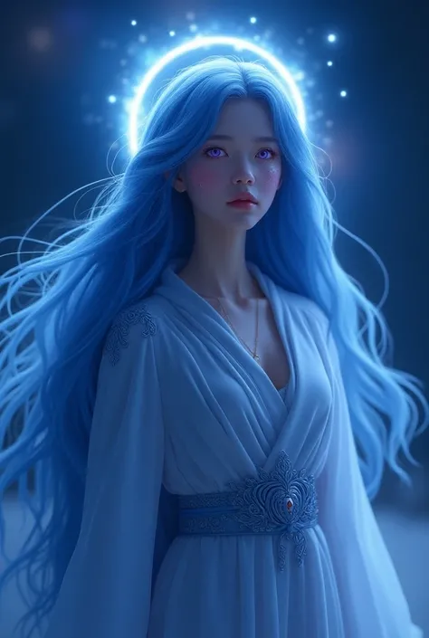  A girl from outer space is ， long blue hair ， clear with purple starry eyes， dressed like a goddess ，There is light on top of the head 