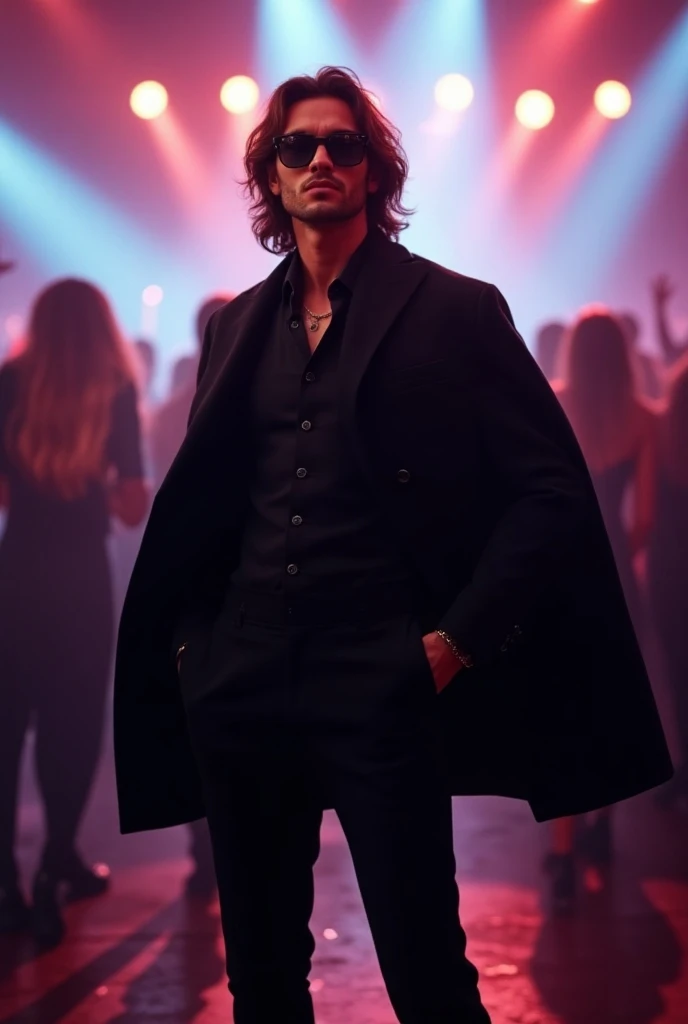 A realistic 20-year-old handsome boy with long, slightly wavy hair, wearing stylish dark rimless sunglasses. He is dressed in an open black coat, a perfectly fitted black three-piece suit, black pants, and polished black shoes. He stands confidently in a d...