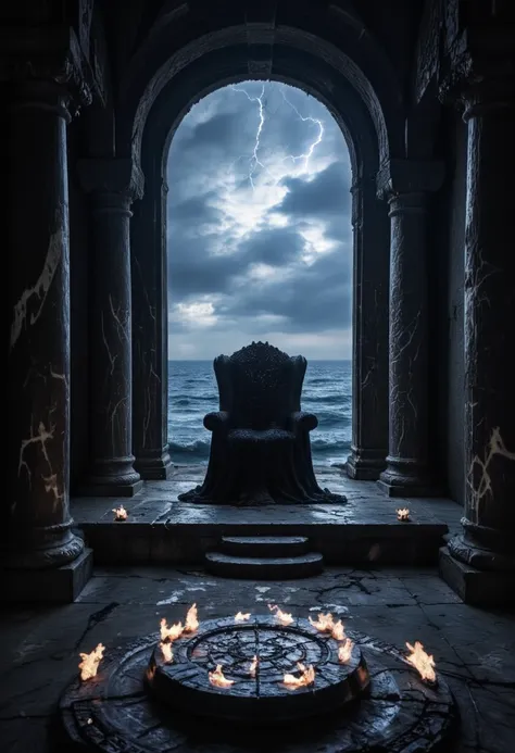 Create a dark and majestic scene depicting the Halle der Schatten, focusing on Raphelyas throne room. The room should have a large, open window that overlooks a stormy, endless ocean, with dark clouds, lightning flashes, and towering waves crashing against...