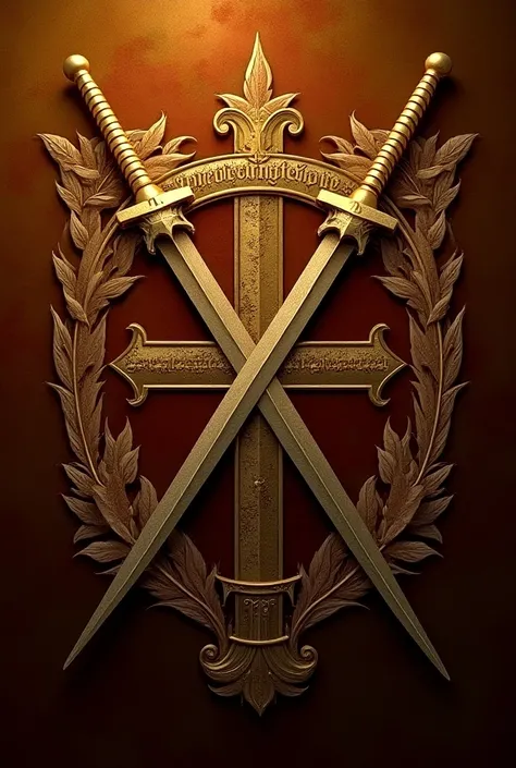  Emblem coat of arms of a medieval family,  with two swords and golden decorations ,  y in the emblem reads  "The brotherhood "
