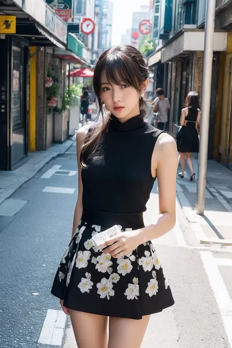 Best Quality,  super high definition, (Realistic: 1.4),  Black Dress,small white flower pattern mini skirt、  street background ,Photograph the upper body