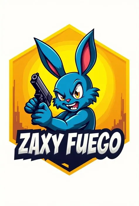 A hexagon baground with a blue bunny holding a gun in his hand and the baground should be in yellow color then name it Zaxy Fuego in center of the logo