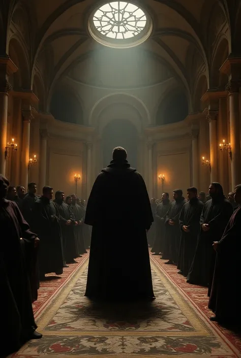 Epic cinematic dramatic Giordano Bruno trial of Roman Inquisition, masterpiece, european style, dark theme, courtroom style, absolutely marvellous depiction