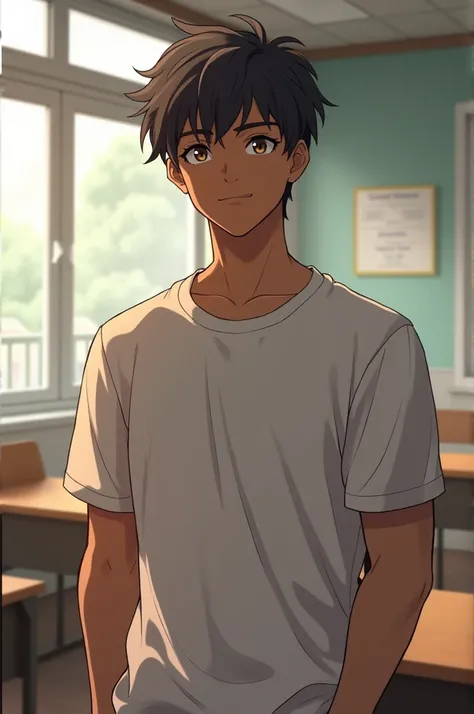 A dark-skinned boy, dark brown eyes, short black hair with gray tones is calm, kind, funny, intelligent and athletic, tall, a teenager, 2D anime character, classroom of the elite style. 