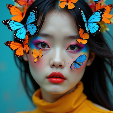 Close-up of the Korean , Korean woman with colorful makeup lips with splashes and a face with lots of very big butterflies 