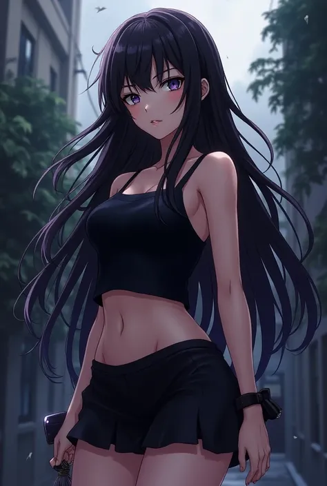 Anime style, Madoka Magica style, beautiful girl who looks like Homura, black tank top and mini skirt,