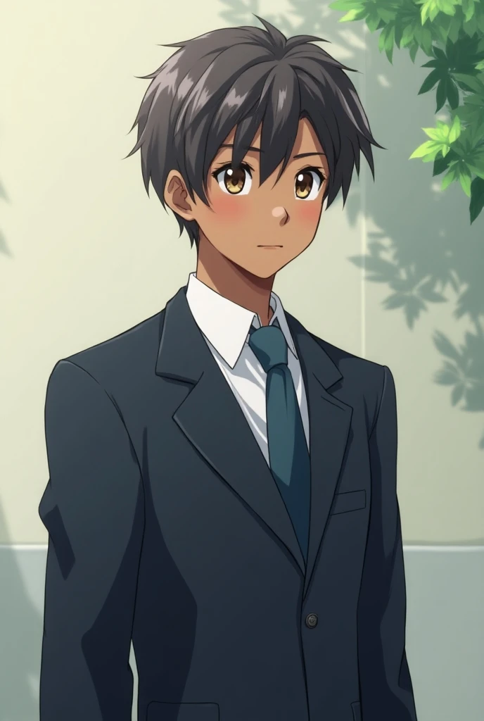 A dark-skinned boy with dark brown eyes short black hair with gray tones is calm kind something fun intelligent and athletic tall a teenager 2D anime character classroom of the elite in school uniform 