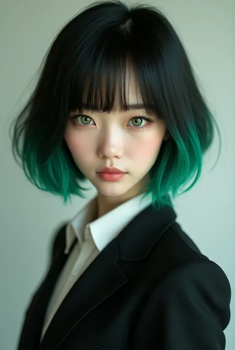 white skin, doll, emerald hair, Korean bob hairstyle , tall, slim, suit, green eyes, serious face, realism , short hair, green hair, doll , Even shorter hair, average check 