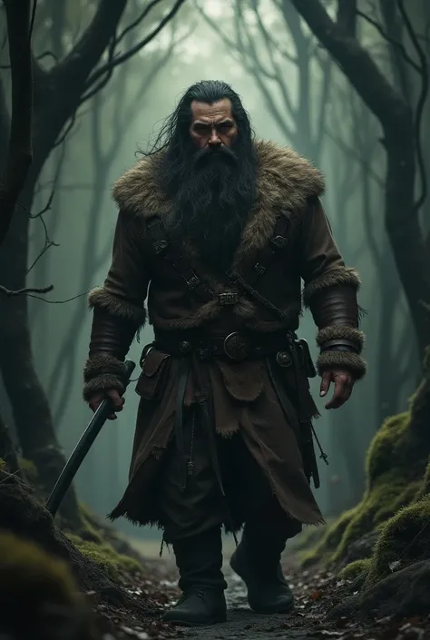  A rugged, bearded warrior, wearing medieval-style clothing with a fur-lined leather vest, long-sleeved tunic, and a belt adorned with a metal emblem. His hair and beard are long and flowing, giving him a commanding presence. wandering through a dense, dar...