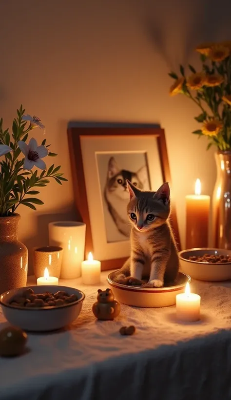 Create an image of a touching memorial altar for deceased cats, where each element reflects the love and affection their owners feel for them. The altar should be adorned with classic toys like stuffed mice and rubber balls, surrounded by bowls filled with...