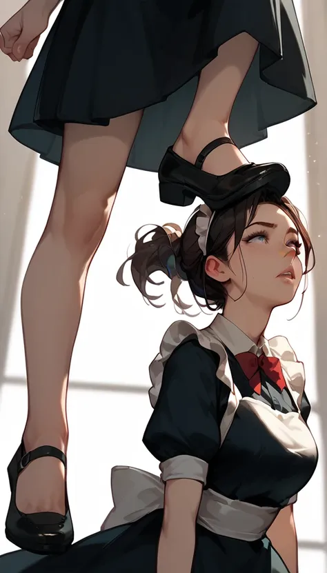 anime women, maid, raised leg, stomping of feet on throat, step on neck, looking down, head out of frame, throw