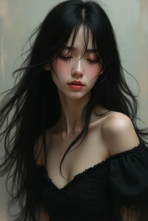 Masterpierce ,  sensual Japan woman Long hair Black hair,  Eyes closed, Tears,  Llorando by Marta Nael , Ciruelo Cabral , 