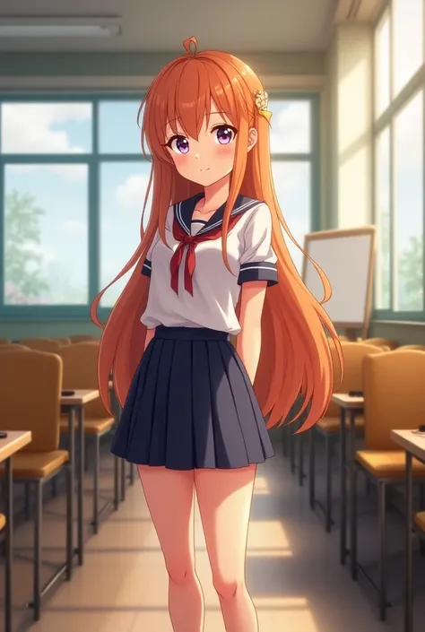 A girl with fair skin, violet eyes, long orange hair of medium height is a strong-willed tsundere, sweet, a teenage girl. 
17-year-old high school student with 
Curvy 2D anime character Classroom of the Elite style