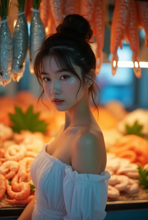 The Asian girl posed for a photo in front of a seafood stall where a soft golden light splashed in, making her face stand out. She stood up confidently, gathering her ponytail hair high as she checked out the fresh seafood she caught, such as tender shrimp...