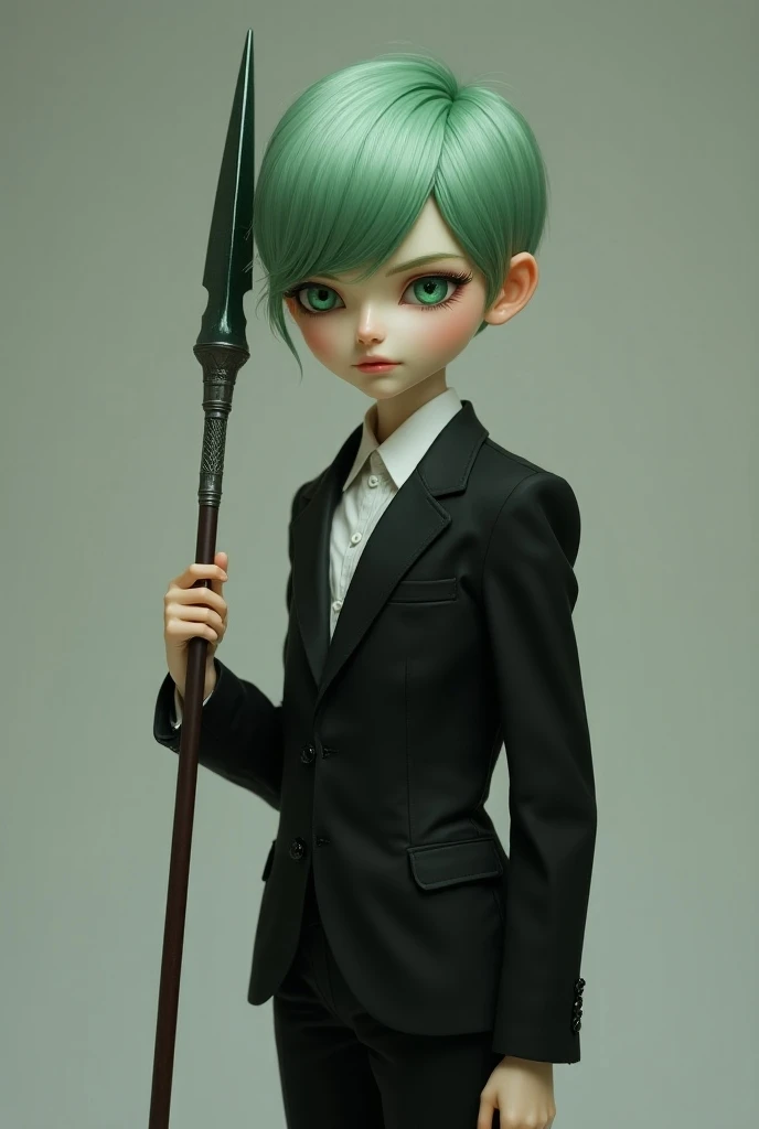 white skin, doll, emerald hair, tall, slim, suit, green eyes, serious face, realism , short hair, green hair, doll , Even shorter hair, average check, Full height, spear in hand 
