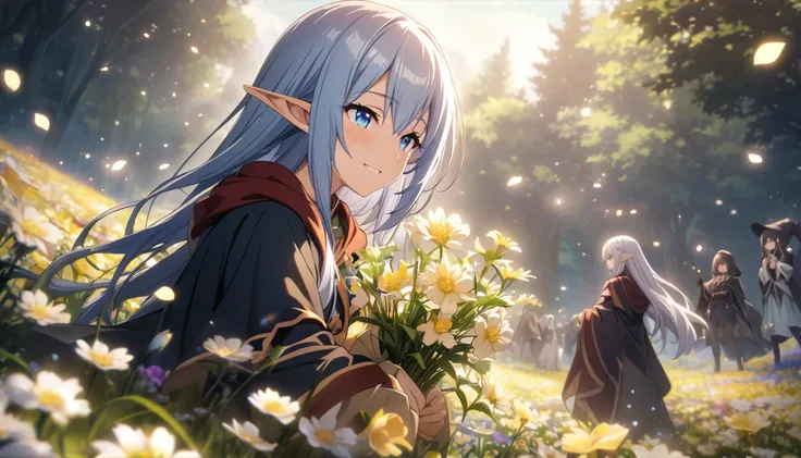 masterpiece、1 Elf Girl, Long Hair, blue eyes,  Dark Elf Girl ,  Mage Robe, CG, fairies々Flowers are gathering the nectar of ,smile,Light effects,Beautiful flower field、 High Resolution , 