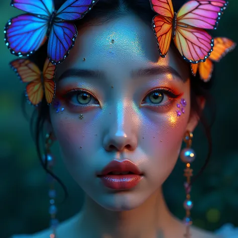 a colorful fantasy portrait of a beautiful korean girl with scaly skin, colorful makeup, dripping colorful lips, and large butterflies all over her face and head, extremely detailed, high quality, cinematic, dramatic lighting, vibrant colors, intricate det...