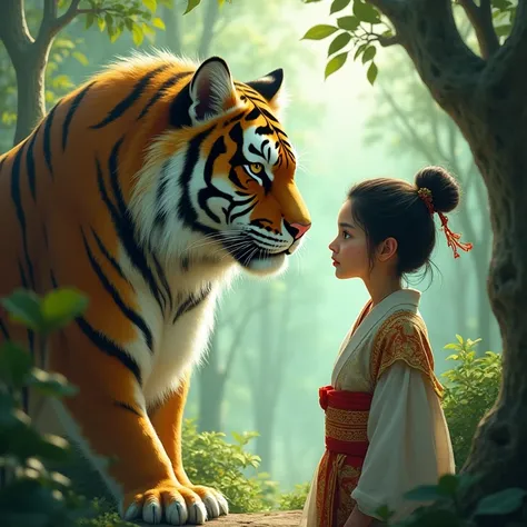 A mythical smiling big cat gazes at a wide-eyed little princess from the Japanese Sengoku era, set in a dense and mysterious forest.
