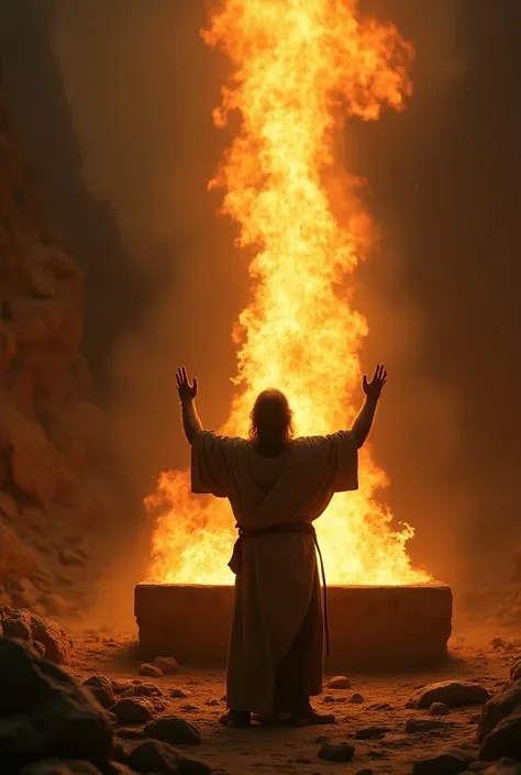 Biblical character the prophet Elijah praying to God and looking up to heaven a fire falling on top of a stone altar 