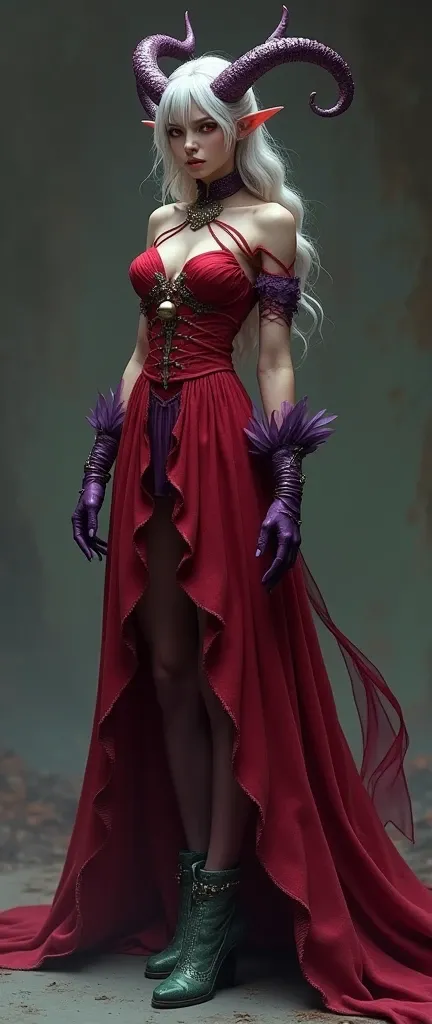  Obviously shes an elf demon with small horns with red eyes, boots with greenish leather
She wears a crimson dress ,purple gloves, bell with a choker and a purple collar . Plus purple . 