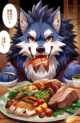 color comics、japanese manga、 werewolves eat delicious meat dishes、happy faces with delicious meat dishes 、smile、cute、 werewolves...