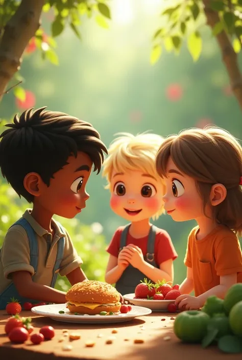  Send me an image of a brown boy with straight black hair ,  along with another white-skinned boy with straight black hair and a blonde girl, Asking what your favorite food is 
