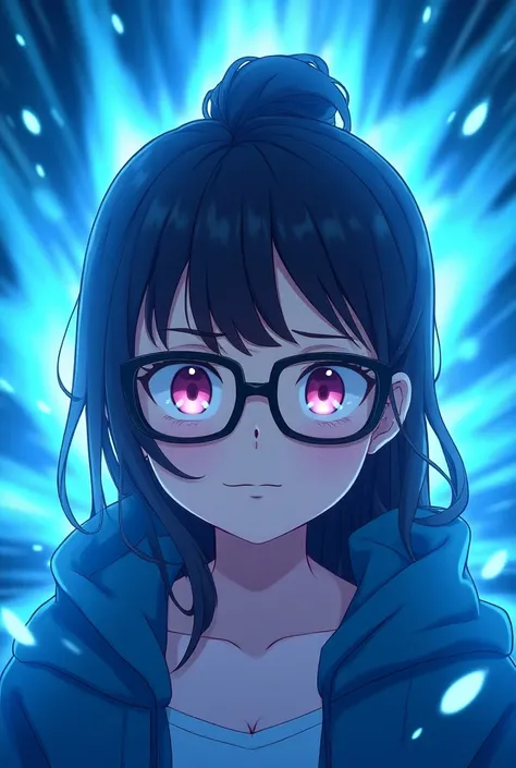 Create an image where an anime girl appears with a blue background and that is like an explosion behind her but that she covers it up, since she is looking straight ahead, she has pink eyes and black glasses, she smiles a little and you can only see her fr...