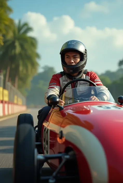 Hyper realistic,ultra HD,negative promft,rindering cinematic.
An indonesian  man ride a Dihatsu F1 "99"
Mandalika Sircuit background