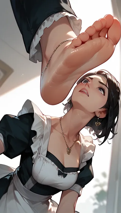 anime women, maid, raised leg, stomping of feet on throat, stomping on neck, looking down, head out of frame, throw