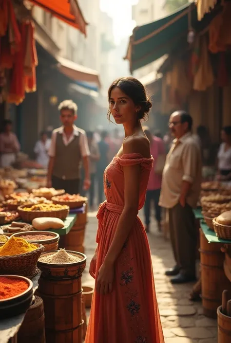 A beautiful woman is shopping in a large market, with a middle-aged man standing next to her.