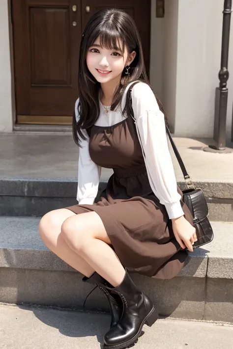  High Resolution ,bangs、Black Hair、Semi-long、  Brown Eyes 、Large Breasts, Model body type、167 cm、22 years old、Cute face、smile、 natural makeup、Japanese、Idol singer、Cute Dresses、Handbags、Short boots、Girl sitting