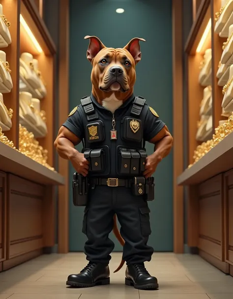  Male headed white pit bull,erect ears,slightly muscular body,wearing a police vest, wearing black trousers ,black shoes,wearing police id card hanger ,walking in the room , with both hands raised holding the pit as if it were looking at, in the background...