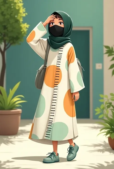 Create a 2D animated character of a woman walking outdoors. She is dressed in a full-length, loose-fitting robe with a pattern of large round shapes and vertical black-and-white stripes. The colors of the circles are pastel, including soft blue, green, and...