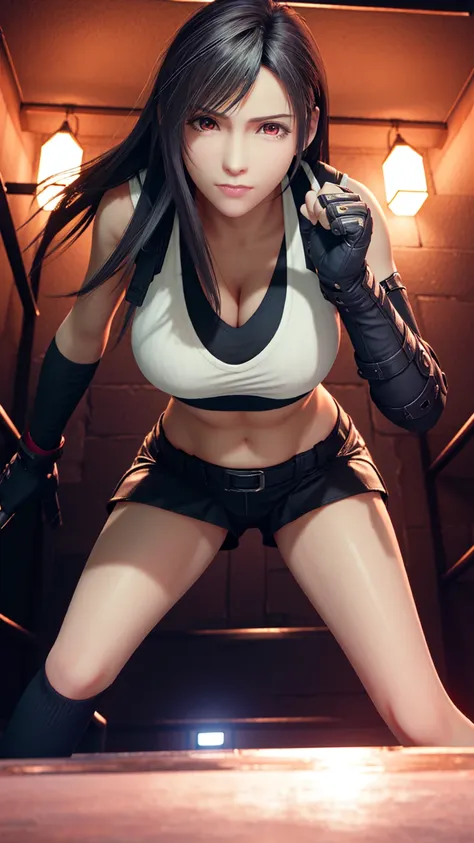 8k,masterpiece, highest quality, (1 person:1.5), tifa lockhart, red_eye, black hair, long hair, shiny sweat, ((highest quality))...