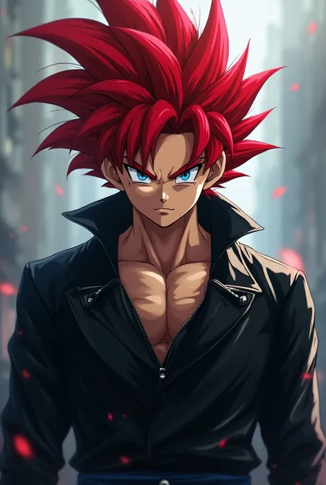 Goku with red hair and blue eyes and with a black jacket Masterpiece, impressionism, necessary,  High resolution,  the best quality, High quality, 