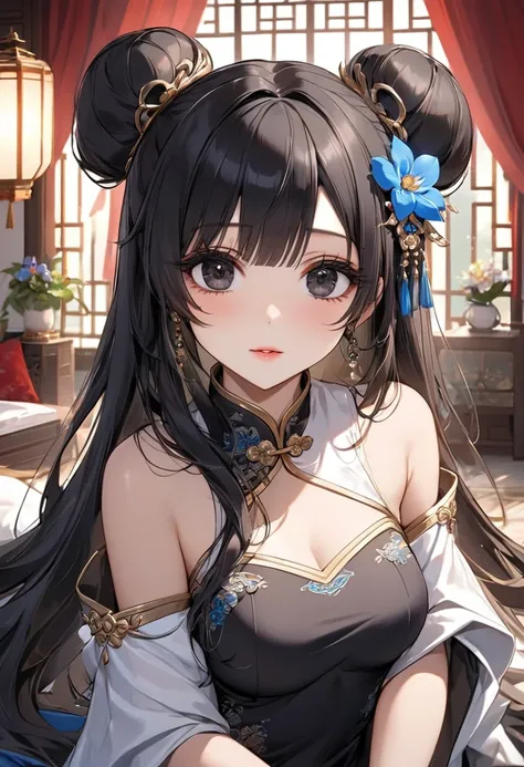 (( best quality)), (( masterpiece )), ( Details), Young woman, (Medium chest, Black hair, Black eyes, ((Long hair, buns)) ,(Bangs),Beautiful face,Long eyelashes,Thick eyelashes)  , milf,Diffuse light, sexy, Elegant, ดวงตาที่มี Detailsสวยงาม, goddess,  look...