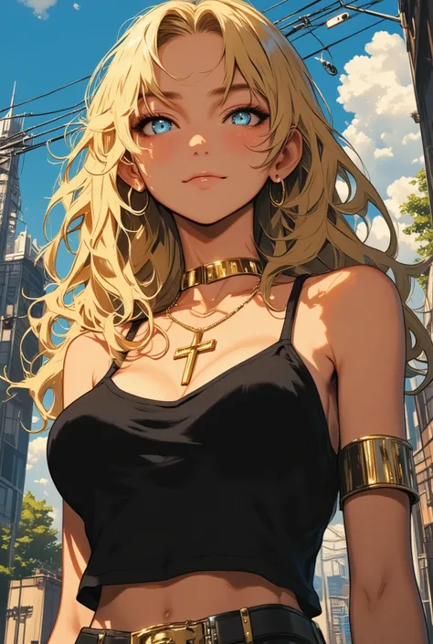 Manga character girl long wavy blond hair with blue eyes quite tanned Christian cross around the neck in gold and thin gold hoop earrings black tank top eyeliner, cleavage, smiling seductively at the vieewer, smirk, malicious smile, detailed moern day land...