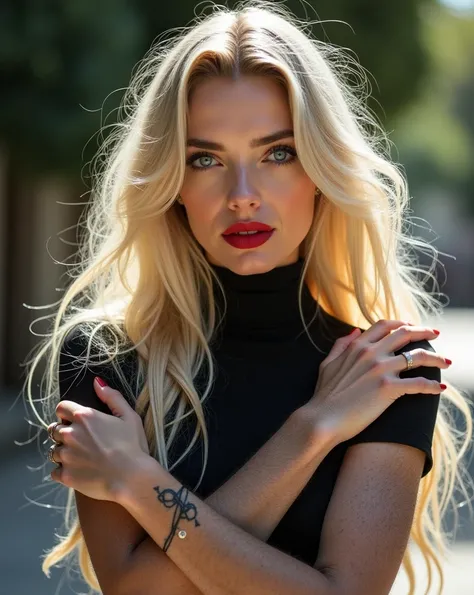 A beautiful 1 woman wears a black top and has Long hair and she wears red lipstick and black eyeliner and she has blonde hair and blue eyes and ihre Arme Sind Stark behaart mit Blonden haaren und ihre Nägel sind gemacht und she puts them on the table, the ...