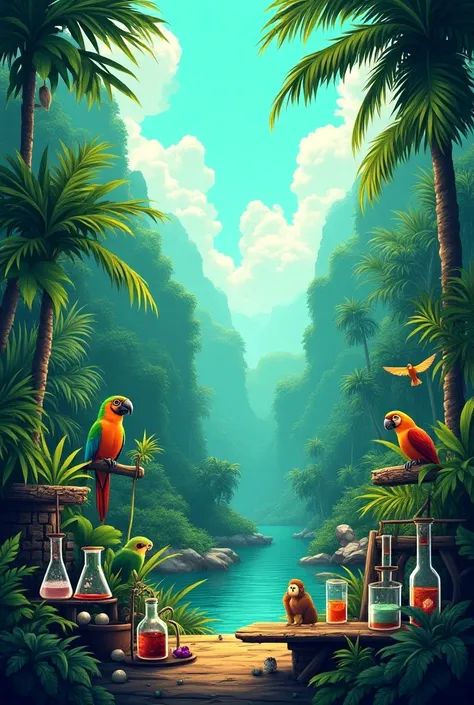 Biology-themed background with the color green and tropical animals and everything involving science 