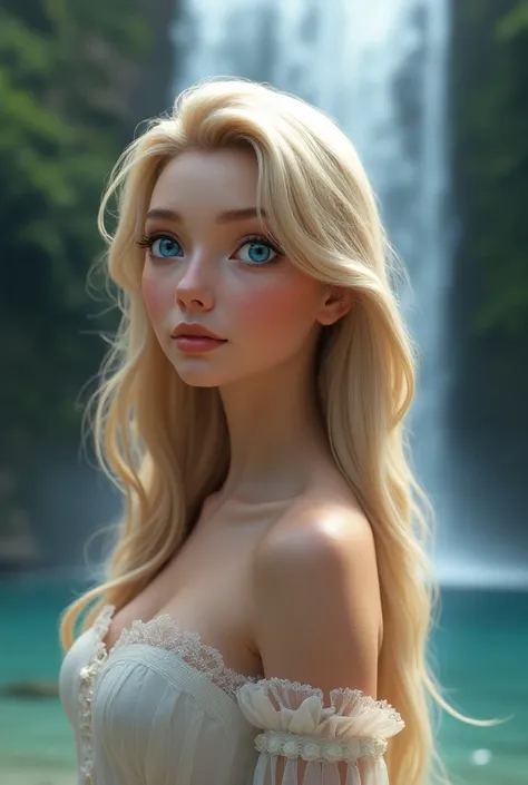 Une jeune et belle princesse, de 18 ans, version réelle, très réaliste, pas dessin animé, comme dans les films, blonde aux longs cheveux blonds, avec un jeune et joli visage, des beaux yeux bleus saphirs, des lèvres pulpeuses légèrement ouvertes. Vue de pr...