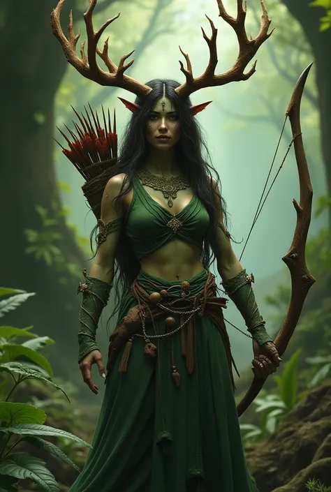 A green druid with wooden horns and a quiver on her back
