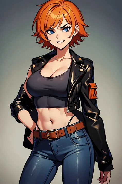 1girl, solo, young, orange hair, short hair, messy hair, brown eyebrows, blue eyes, eyeliner, grin, medium breasts, grey tank top, cleavage, black cropped leather jacket, bare belly, belt, blue jeans, half-body