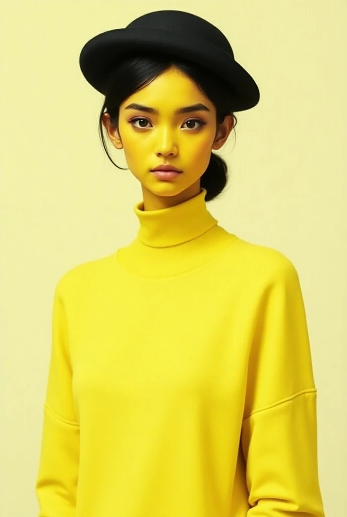  20-year-old girl made entirely of yellow paint, wearing black beret and white sweater 
