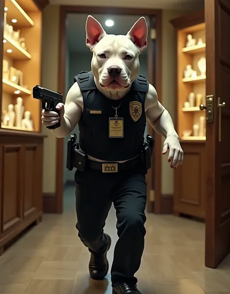  Male headed white pit bull,erect ears,slightly muscular body,wearing a police vest, wearing black trousers ,black shoes,wearing police id card hanger , with both hands raised forward, hold the pitol as if it were looking,walking in the room , in the backg...